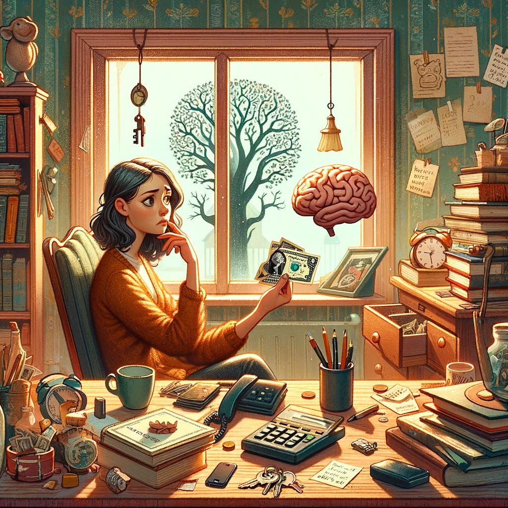A cozy, cluttered study filled with books and trinkets. A woman sits at a desk, looking puzzled as she holds an American $2 bill. Around her, there are forgotten items like keys, a phone, and notes. Outside the window, a whimsical tree with leaves shaped like brains, symbolizing memory and forgetting. The setting is warm and inviting, with a touch of whimsy and nostalgia.