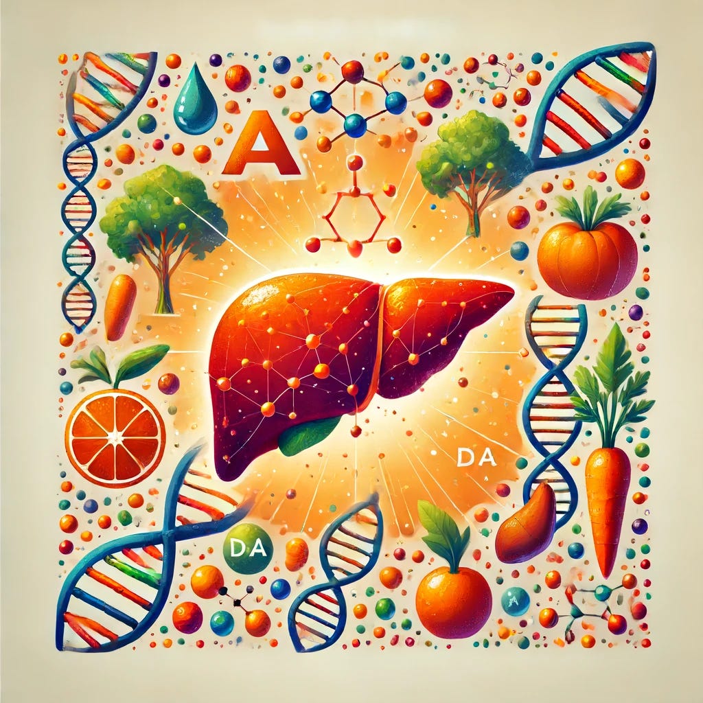 A square image depicting the concept of Vitamin A toxicity. Show a human liver with a vibrant orange color, symbolizing Vitamin A accumulation, and surrounding it, various food items high in Vitamin A, like carrots, sweet potatoes, and liver. Incorporate a subtle visual of molecules binding to DNA, representing the scientific aspect of the toxicity. Use colors and imagery to convey a sense of caution and concern.