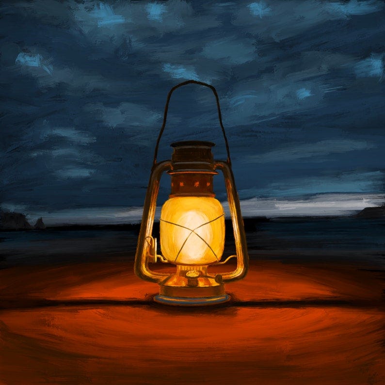 May include: A metal kerosene lantern with a glass globe and a yellow flame. The lantern is sitting on a wooden surface. The background is a dark blue sky with clouds.