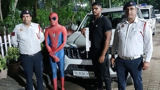 Delhi Police arrested Spider-Man and the driver of the vehicle over dangerous driving. (X/ANI)