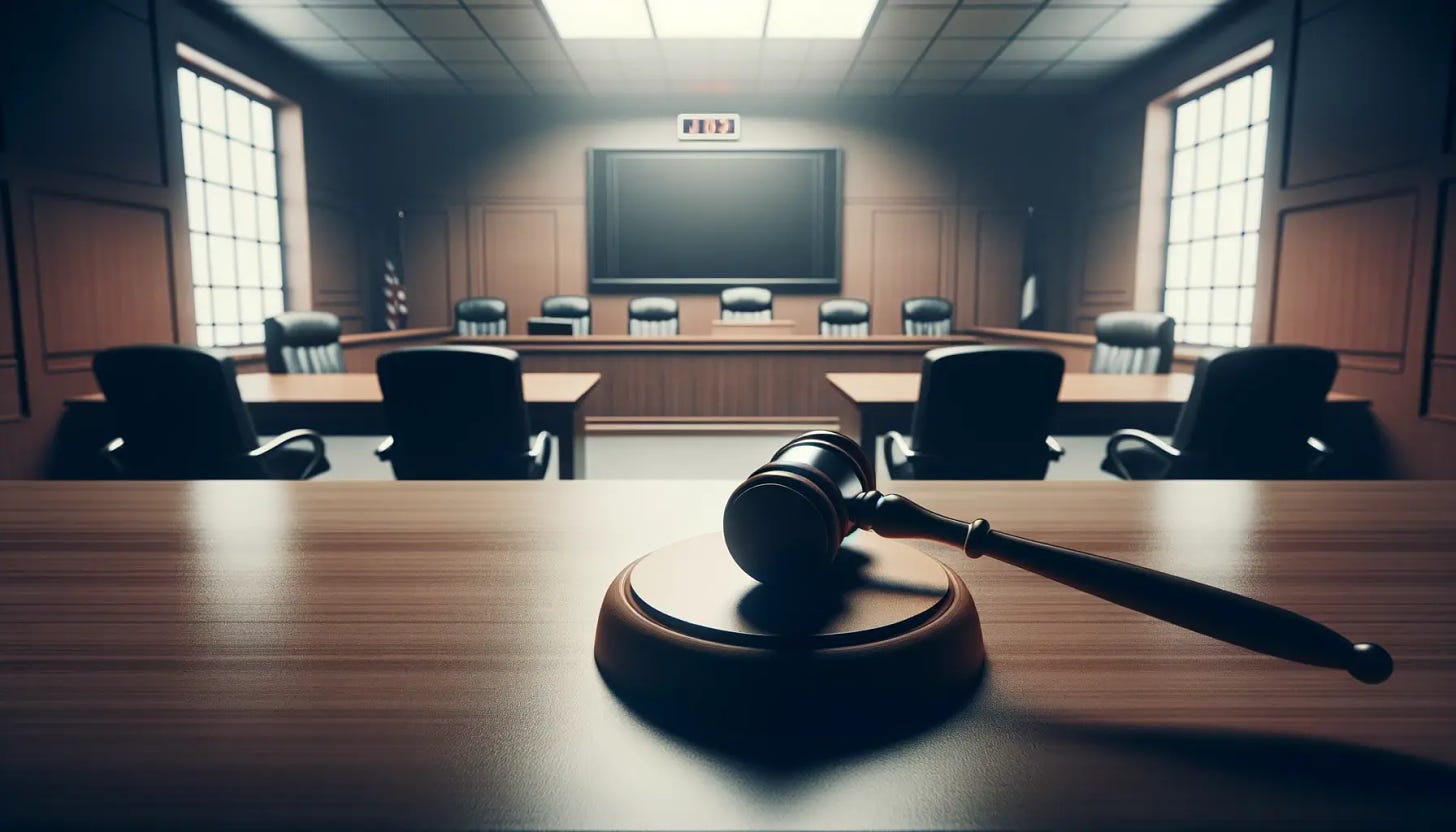 A photo depicting an empty courtroom with a focus on the witness stand.