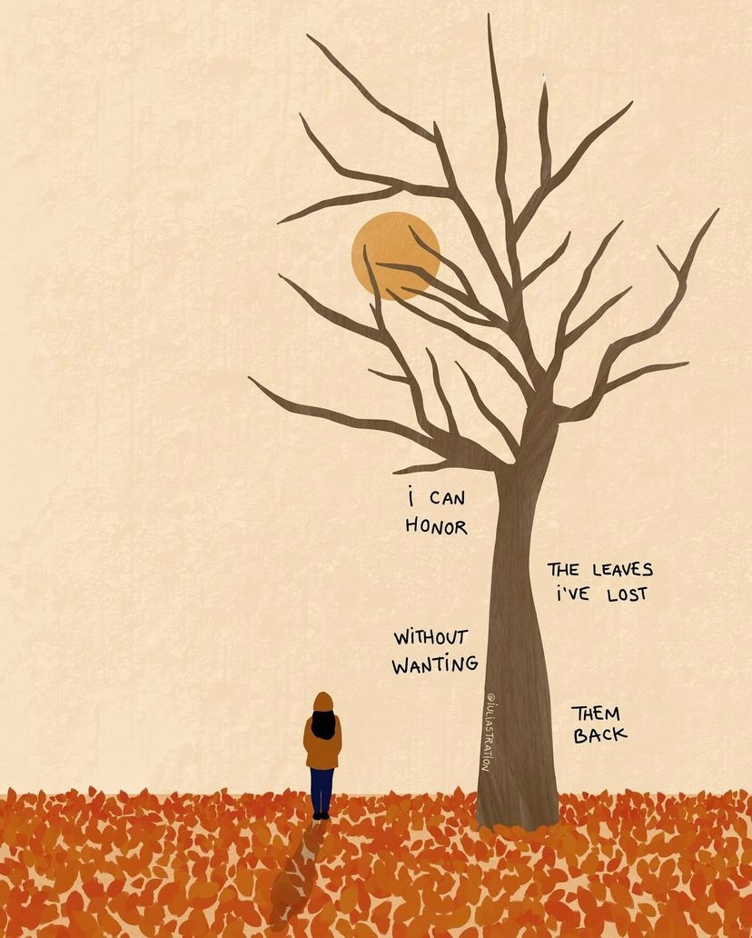 an illustration of a woman standing in fallen orange leaves next to a tall tree with bare branches