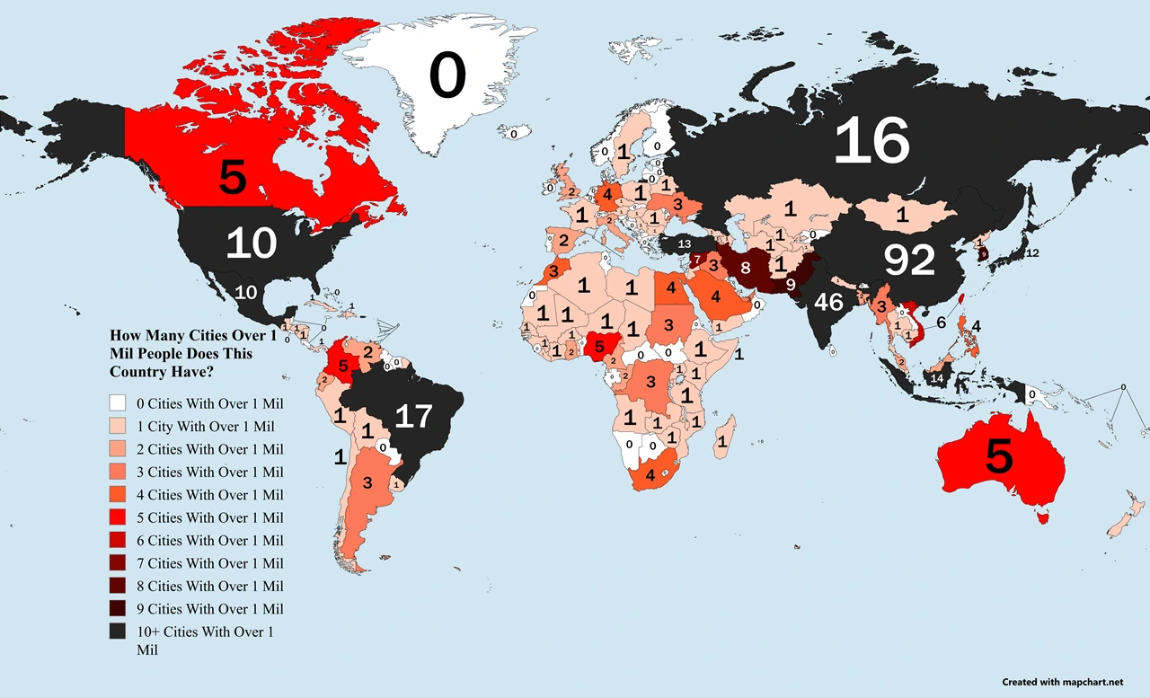How Many Cities Over 1 Million People Does Each Country Have?World Map of Cities With Over 1 Million People How Many Cities Over 1 Million People Does Each Country Have?World Map of Cities With Over 1 Million People