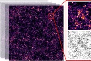 A line intensity image appears smeared compared to traditional galaxy survey images. (Patrick Breysse)