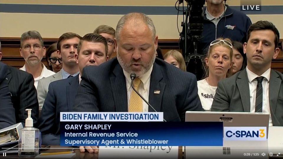 May be an image of 7 people, the Oval Office and text that says 'LIVE SERAN Ashly BIDEN FAMILY INVESTIGATION GARY SHAPLEY Internal Revenue Service Supervisory Agent & Whistleblower C-SPAN3 0:39'