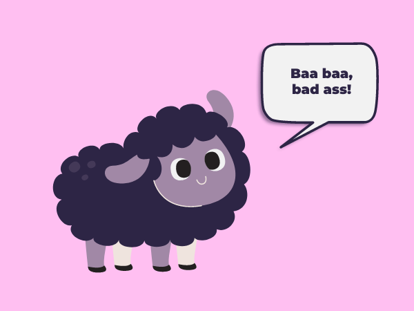 A cartoon black sheep with a speech bubble that reads "baa baa bad ass!"