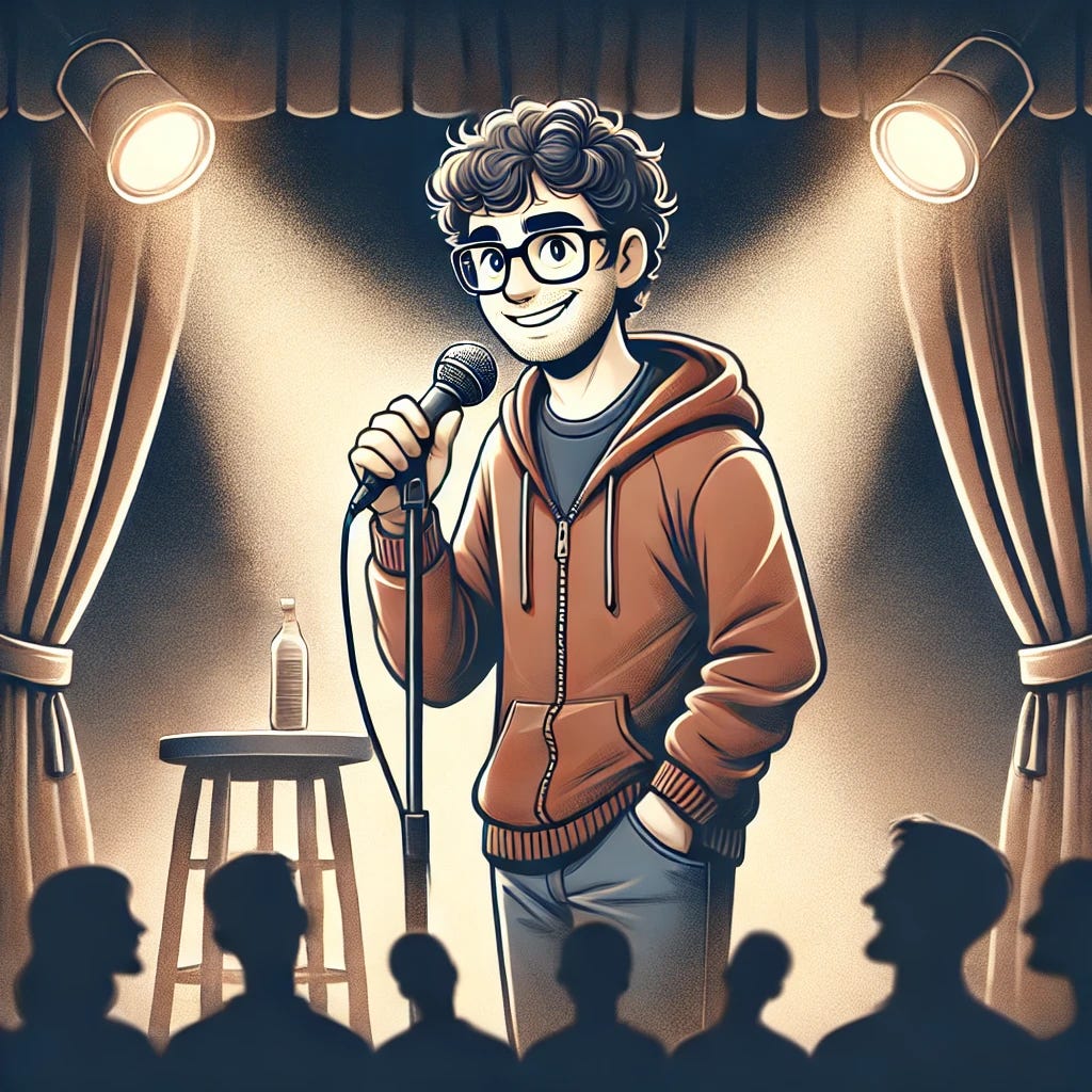 A digital illustration of a stand-up comedian performing on stage. The comedian has curly hair, glasses, and is wearing a casual hoodie. He is holding a microphone and delivering a joke to an engaged audience. The stage is dimly lit with a spotlight on the comedian, and there is a backdrop with subtle stage lighting. The audience is visible in the shadows, reacting with laughter.