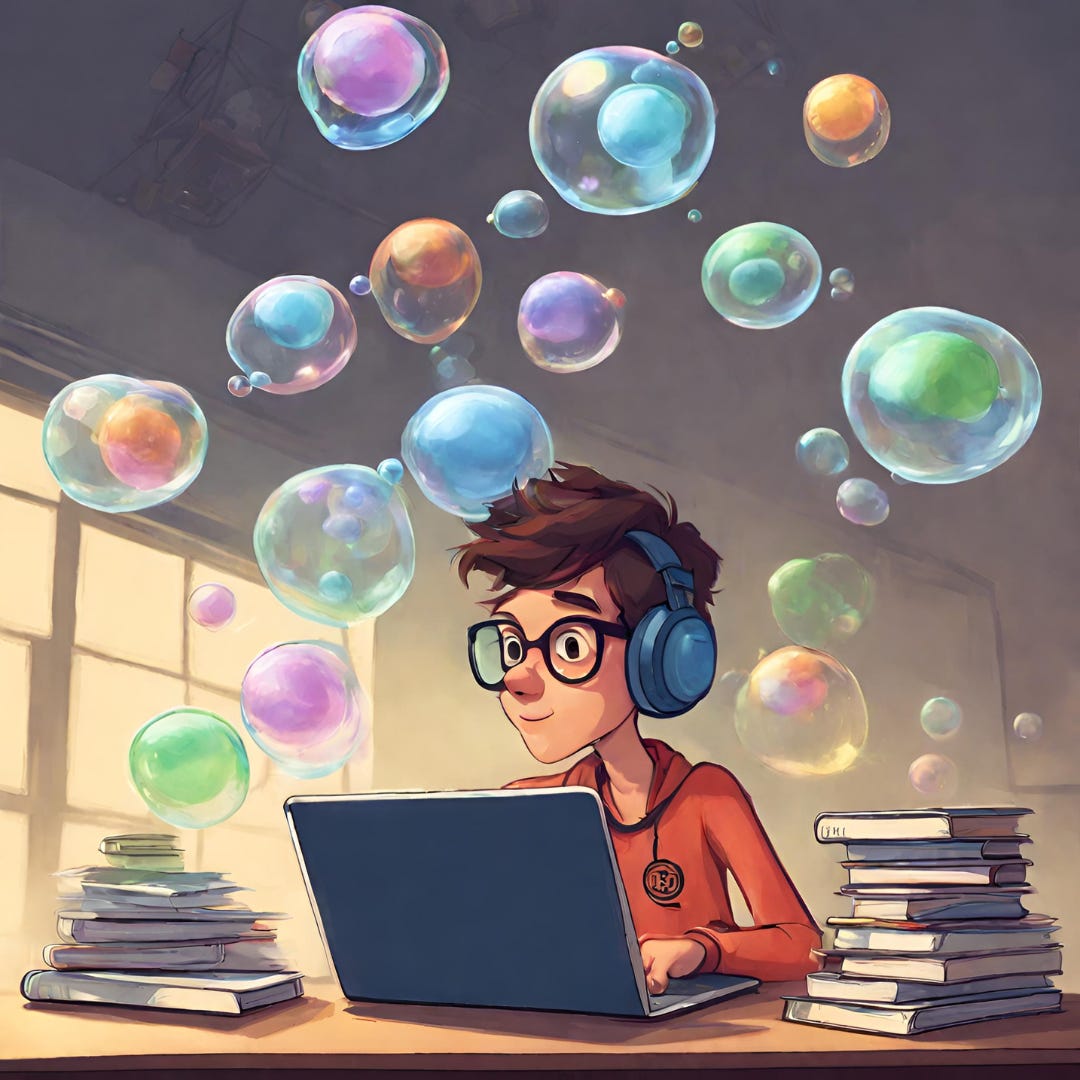 Prompt: A Pixar-style cartoon student.  The student is working on a laptop, and above them are thoughts about art