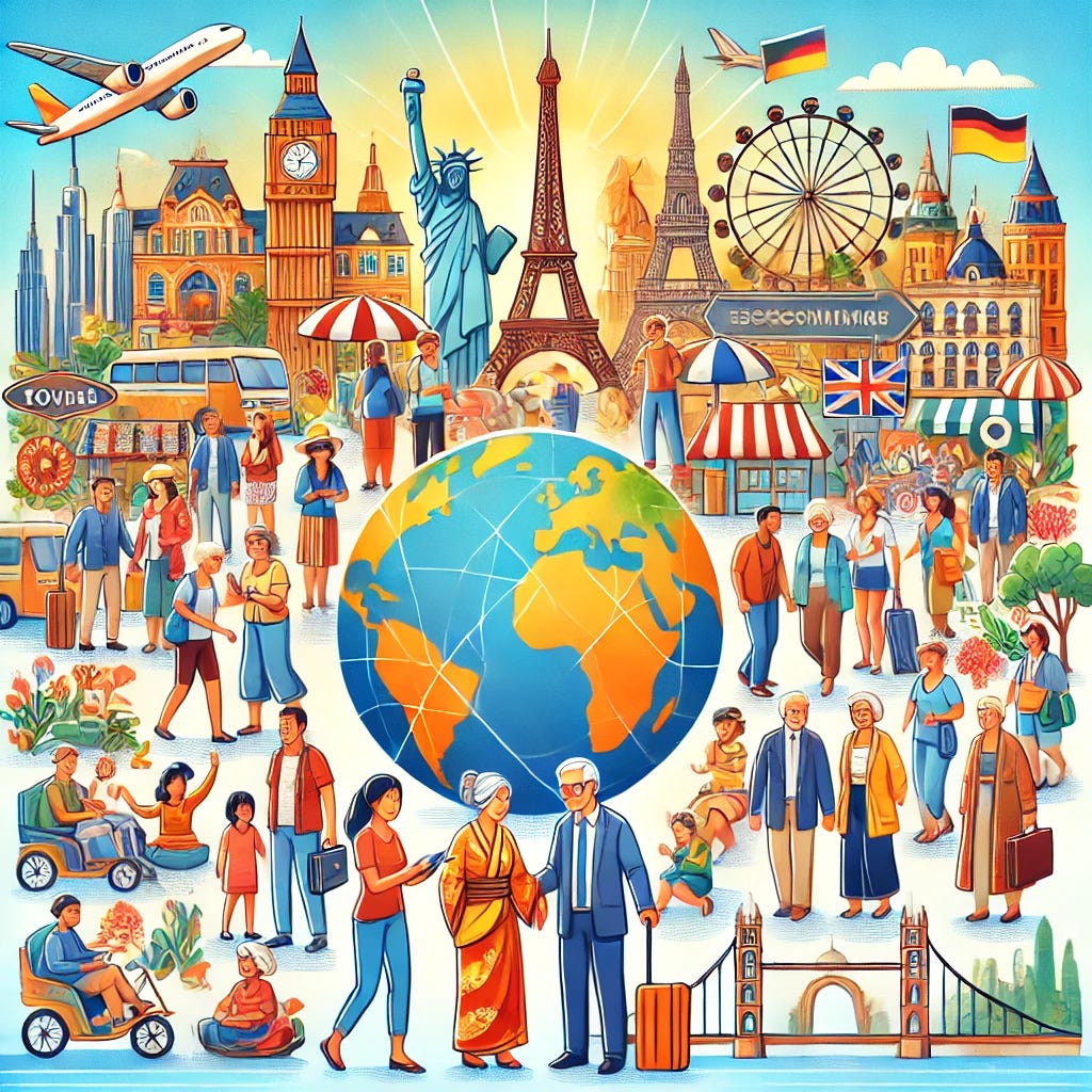 An illustration representing the concept 'Is Age A Factor in Travel, Dating, and Living Abroad?' The image shows a diverse group of people of various ages (young, middle-aged, and older adults) in a vibrant international setting with landmarks from different countries. Some are engaged in activities like exploring, socializing, and enjoying the local culture. The background includes iconic landmarks, beaches, and cityscapes to evoke the feeling of travel and adventure. The overall tone is welcoming and open, reflecting inclusivity and the excitement of exploring life abroad at any age.