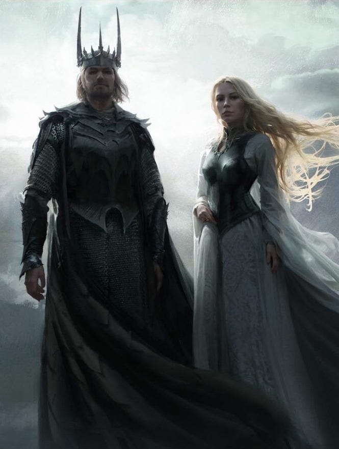 Concept art from The Rings of Power showing Sauron standing beside Galadriel against a cloudy sky. Both wear flowing robes and armor.