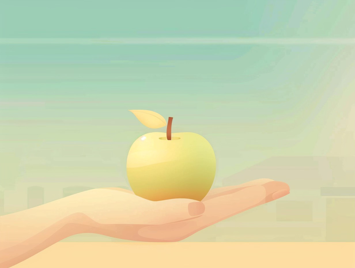 illustration of a shiny green apple in the palm of an open hand, blue partly cloudy sky background