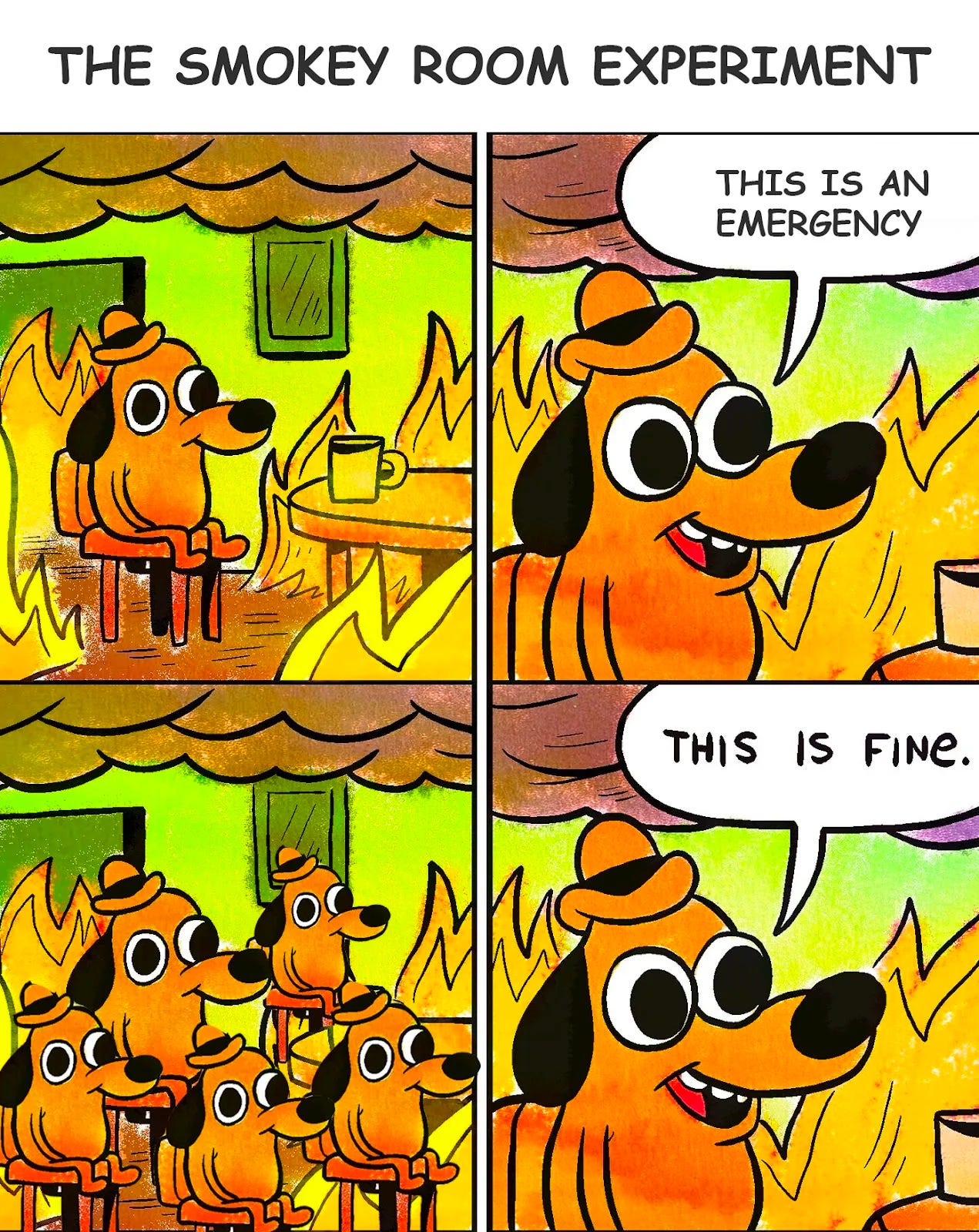 Meme format, with the header “The Smokey Room Experiment”. On the top half there are two panels. On the left, we see a dog calmly sitting with a cup of tea in a room that is clearly on fire. The second panel on the top shows the dog saying “This is an emergency”.  The bottom half shows the same dog surrounded by others sitting with him. In the next panel, it zooms in on our friendly dog saying “This is fine”.