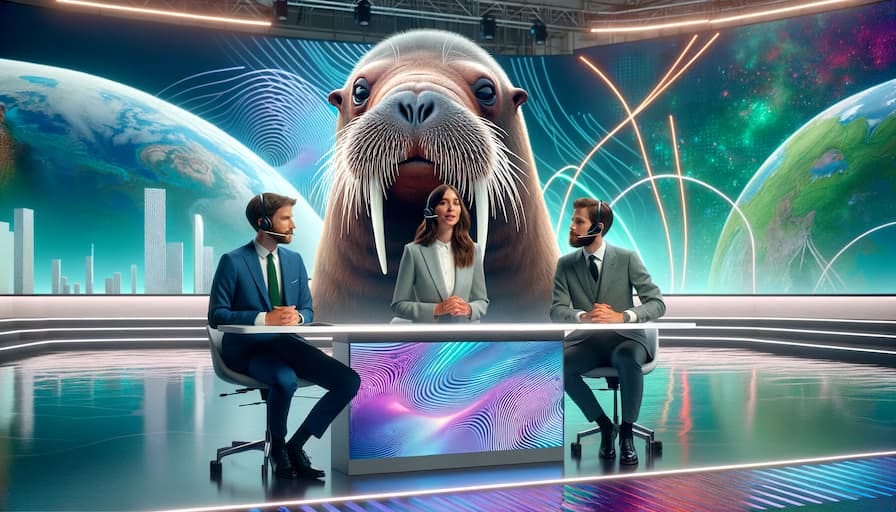 An obviously AI generated image of a completely different news desk, this time with a huge walrus head showing behind the three presenters.