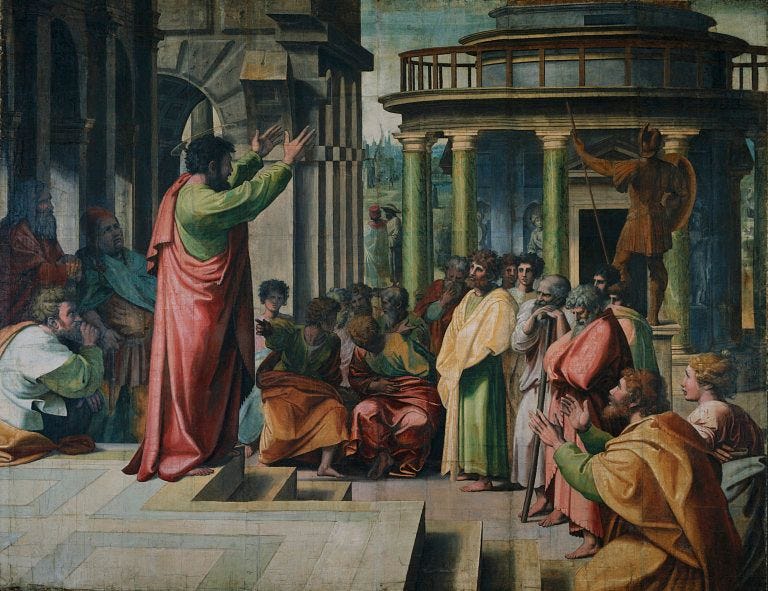 Saint Paul delivering the Areopagus sermon in Athens addressed early issues in Christology.