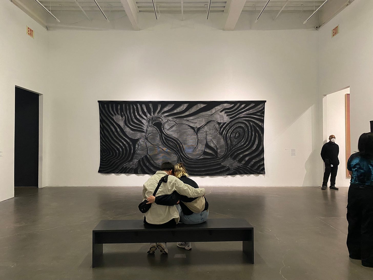 In a white-walled gallery hangs a tapestry with a moire effect showing an abstracted figure in birth, separated in half, in dark outline 