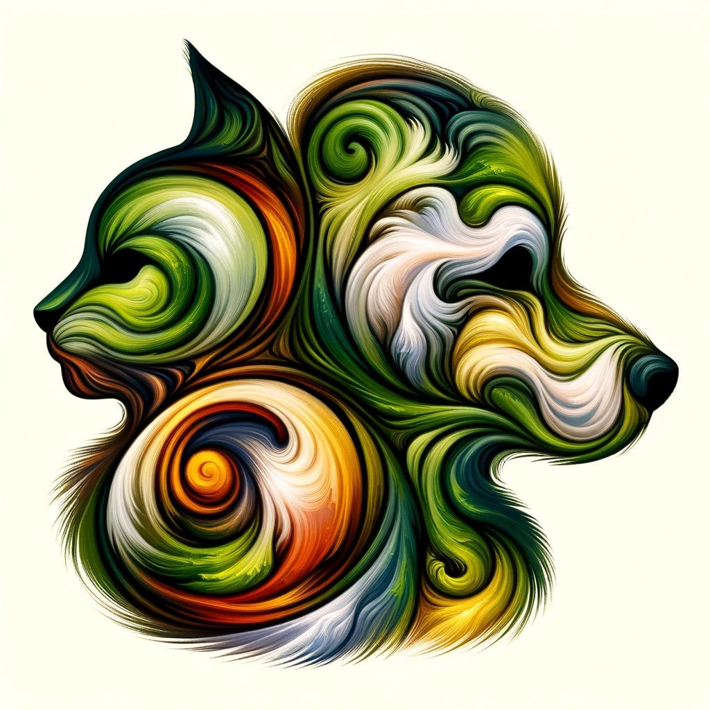 An abstract representation of mixed intent through the symbolic depiction of a cat and a dog. Visualize this as an intertwined figure where one side morphs into a cat and the other into a dog, blending their features in the center. Use a vivid color palette of greens and yellows to symbolize the merging of different intents, with swirling patterns and soft edges to convey the idea of fluidity and blending of ideas.