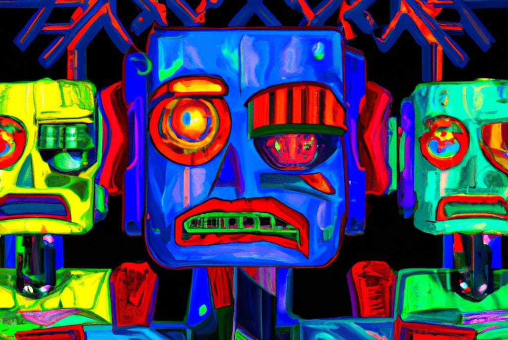 three colorful robots with a sad face