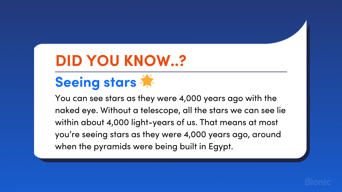 You can see stars as they were 4,000 years ago with the naked eye. Without a telescope, all the stars we can see lie within about 4,000 light-years of us. That means at most you’re seeing stars as they were 4,000 years ago, around when the pyramids were being built in Egypt. 