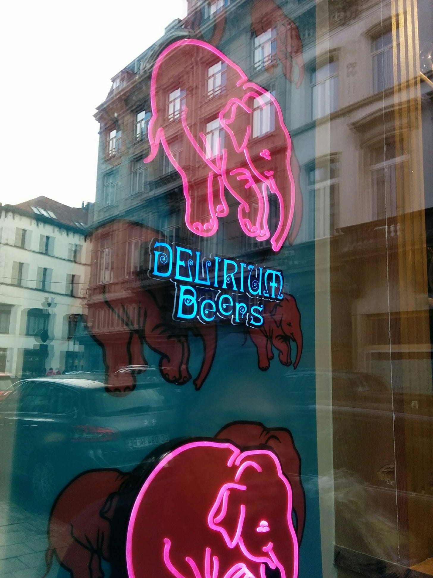 Image of "Delirium Beers", a Belgian beer brand, from a bar in Brussels.
