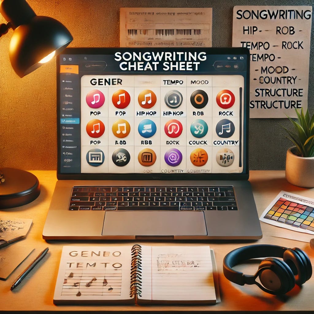 A clean and modern digital workspace with a notebook labeled 'Songwriting Cheat Sheet' open on a laptop screen. The screen displays various music genres like Pop, Hip-Hop, R&B, Rock, Country, and Electronic listed with colorful icons next to each genre. Next to the laptop, there’s a notepad with written notes, showing keywords like 'Genre', 'Tempo', 'Mood', and 'Structure'. A warm desk lamp illuminates the scene, casting a cozy glow. Headphones, a cup of coffee, and a small potted plant complete the setting, giving it a creative and relaxed atmosphere.