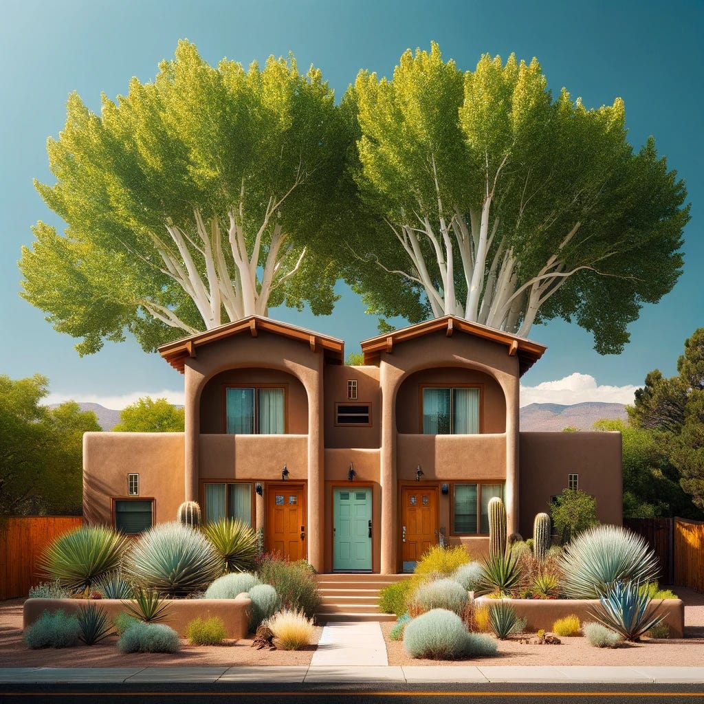 A duplex in Albuquerque, New Mexico, designed to look like a single-family house, now with two front doors placed on opposite sides of the front of the house, surrounded by cottonwood trees. The architecture maintains the Southwestern style with stucco walls and a flat roof. The house is painted in earthy tones of beige and terracotta. The front yard features local desert plants like cacti and agave, now complemented by tall cottonwood trees, adding a lush, green touch to the scenery. The clear blue sky enhances the bright New Mexico sun, providing a vivid backdrop.