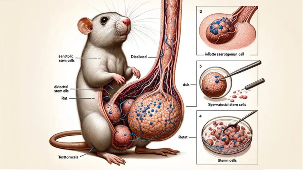Illustration of a rat with a partially-dissected penis which is taller than the rat itself. There are four testes. The diagram is labelled with captions such as "testomcels" and "spermatocial stem cells"