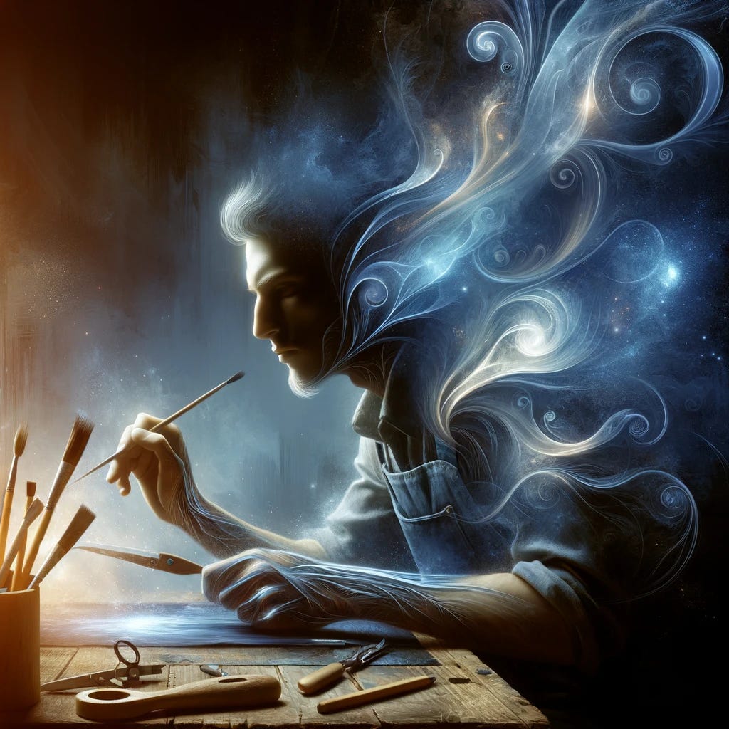 An image of a person, perhaps an artist or a craftsman, completely immersed in their work, with a background that visually merges elements of their soul and their craft. This could be represented by ethereal, soul-like wisps intertwining with the tools or products of their trade. The person's expression should convey intense focus and passion, and the overall atmosphere should be one of deep connection and commitment, evoking the essence of having one's 'soul in the game.'