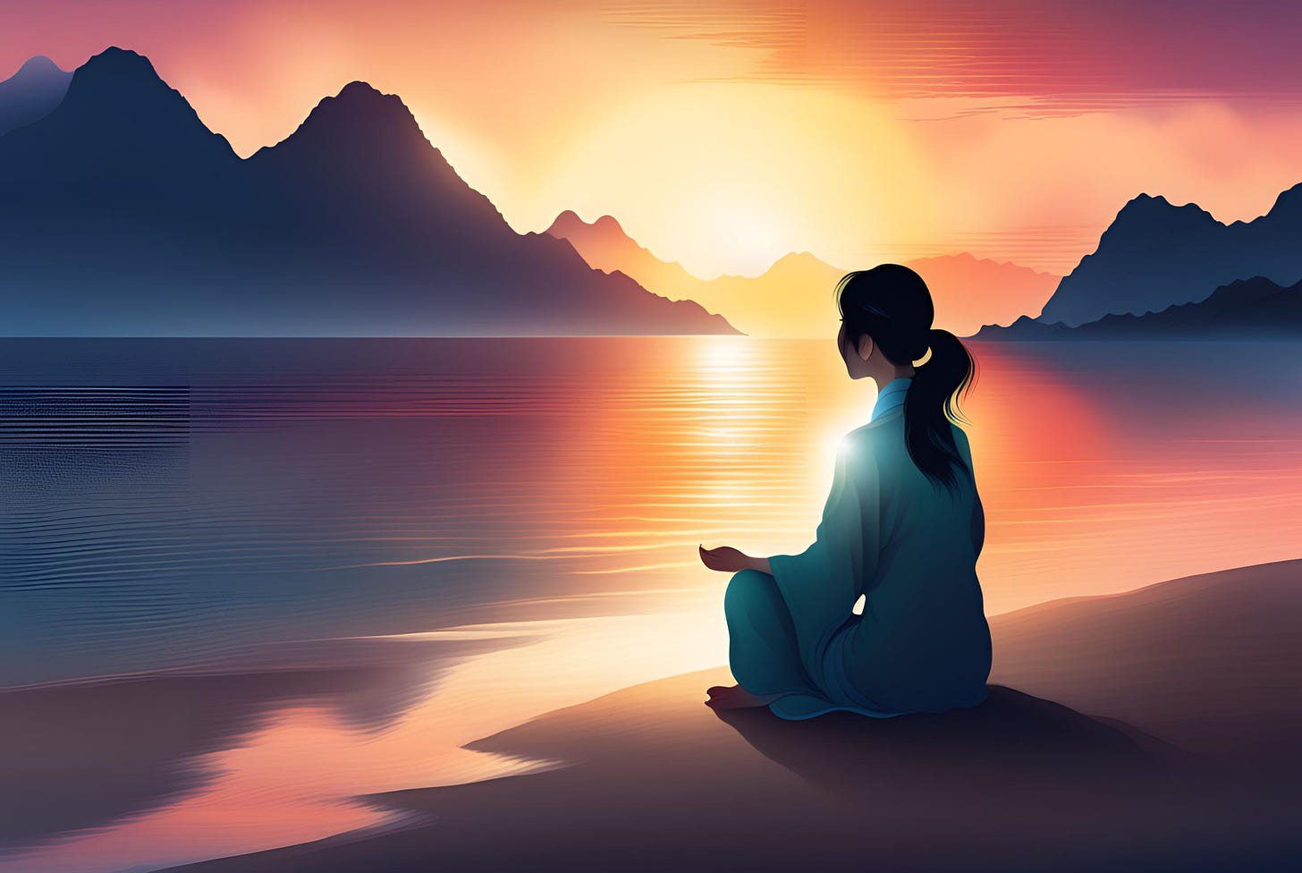 Illustration of a woman sitting on a beach watching a sunrise