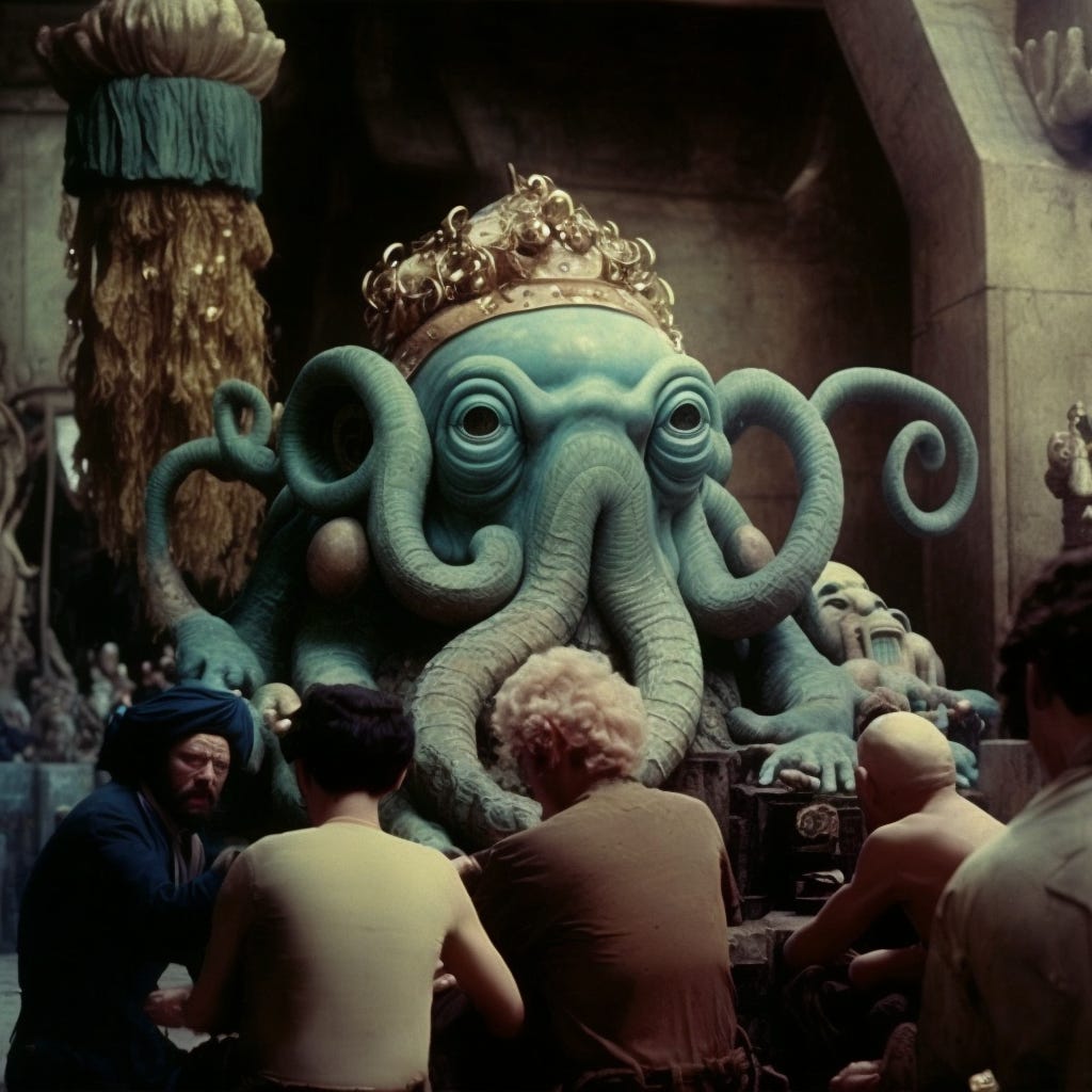 The prompt was: octopus god in his temple with his followers, screen grab from 1973 film