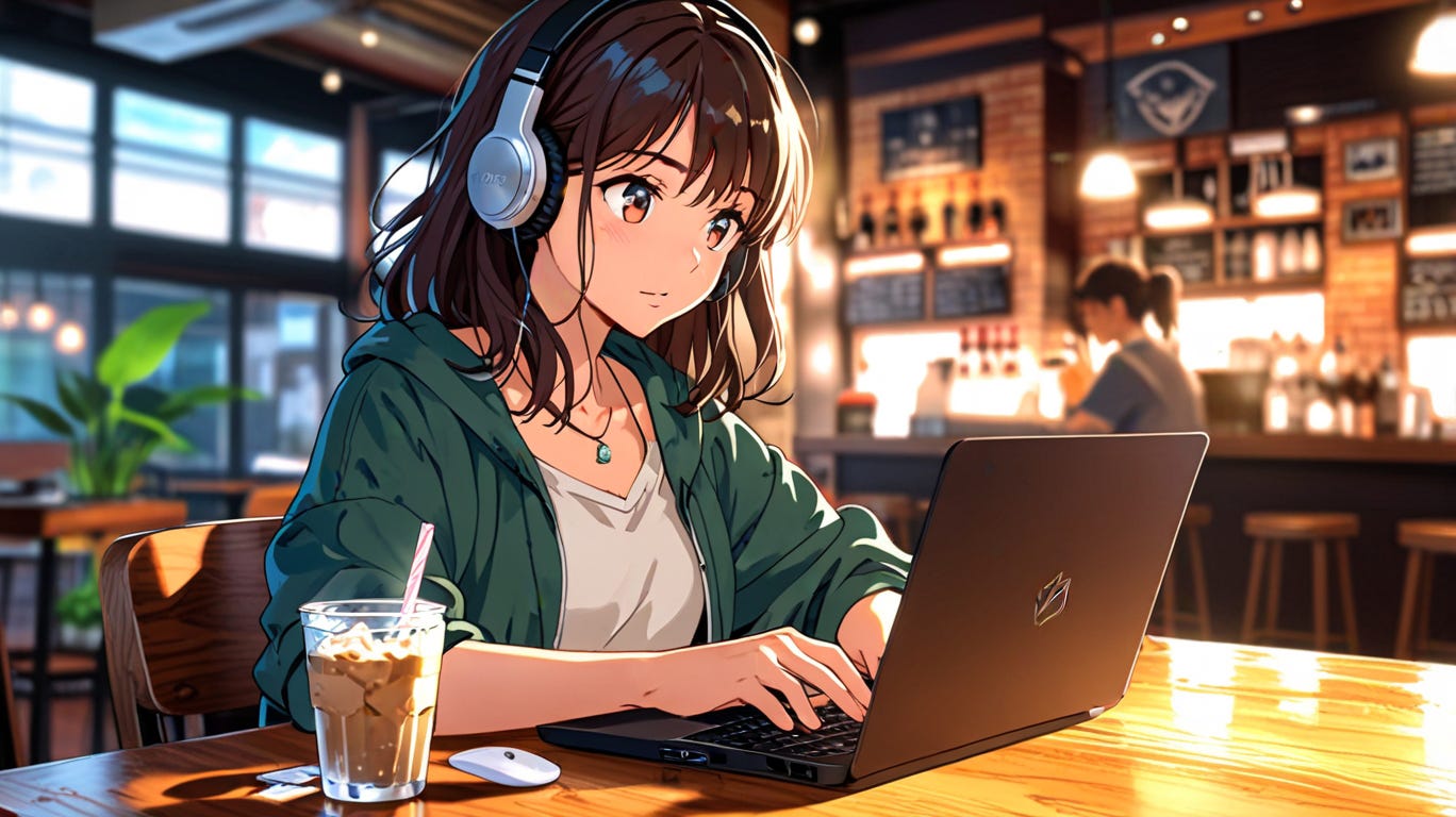 ilustración estilo manga de una mujer que escribe en su portátil en un café