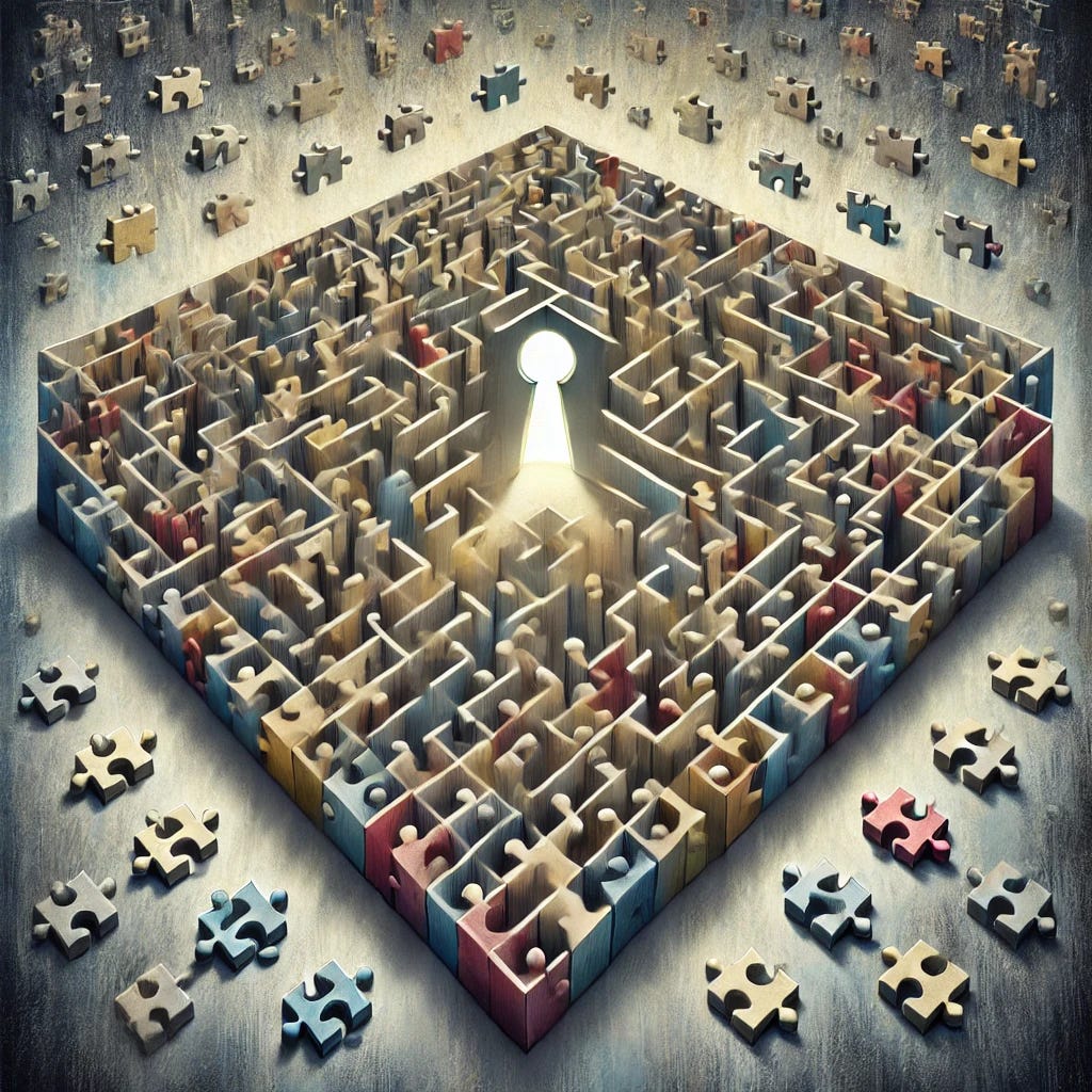 A conceptual artwork symbolizing the fallacy of details. The image features a large, intricate maze made of puzzle pieces, each containing excessive and tiny details that distract from the clear path leading out of the maze. At the center of the maze is a glowing keyhole symbolizing clarity and understanding. The background is abstract, with muted colors transitioning to vibrant hues near the keyhole, representing the shift from confusion to insight. The overall style is minimalist yet thought-provoking, emphasizing the overwhelming nature of too many details obscuring the bigger picture.