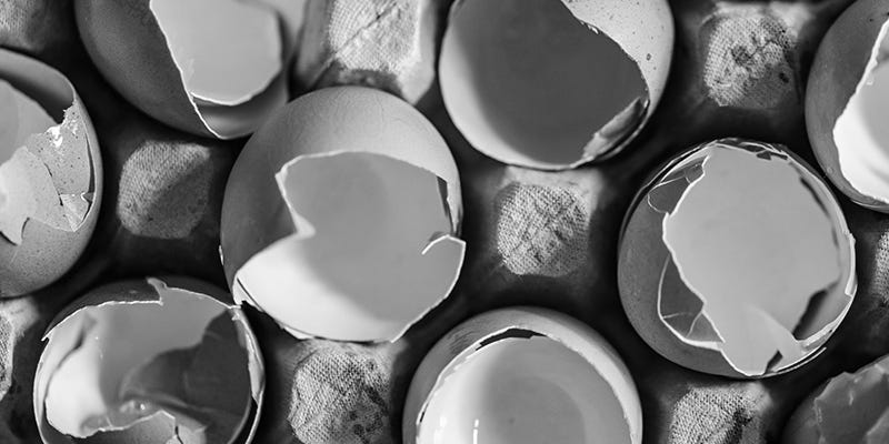 Broken egg shells in an egg carton