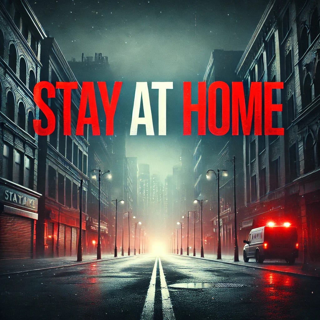 A dramatic, urgent 'Stay at Home' message in bold, red letters on a dark, moody background. The image shows a city street with empty roads and closed shops, with a sense of tension in the air. There are emergency lights flashing in the distance, and the scene is slightly misty, evoking an atmosphere of urgency and caution. The text 'Stay at Home' is large and eye-catching, with a sense of emergency, as if a critical situation is unfolding.