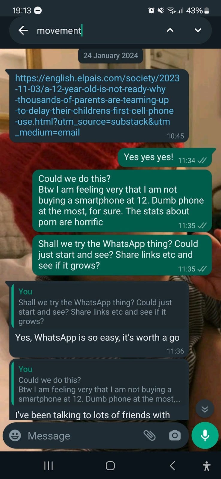 Daisy texts Clare an article about a mum in Barcelona whose WhatsApp group to delay smartphones goes viral, and they decide to start their own