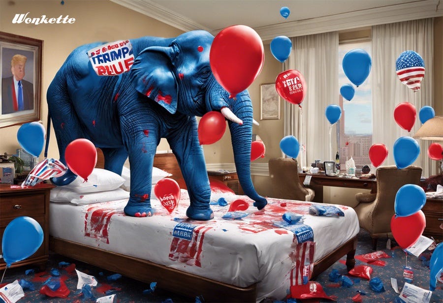 AI-generated image of a hotel room trashed by Republicans, with a hugeblue elephant standing on the bed and campaign detritus strewn around the room. A bad portrait of Donald Trump hangs on the wall. 