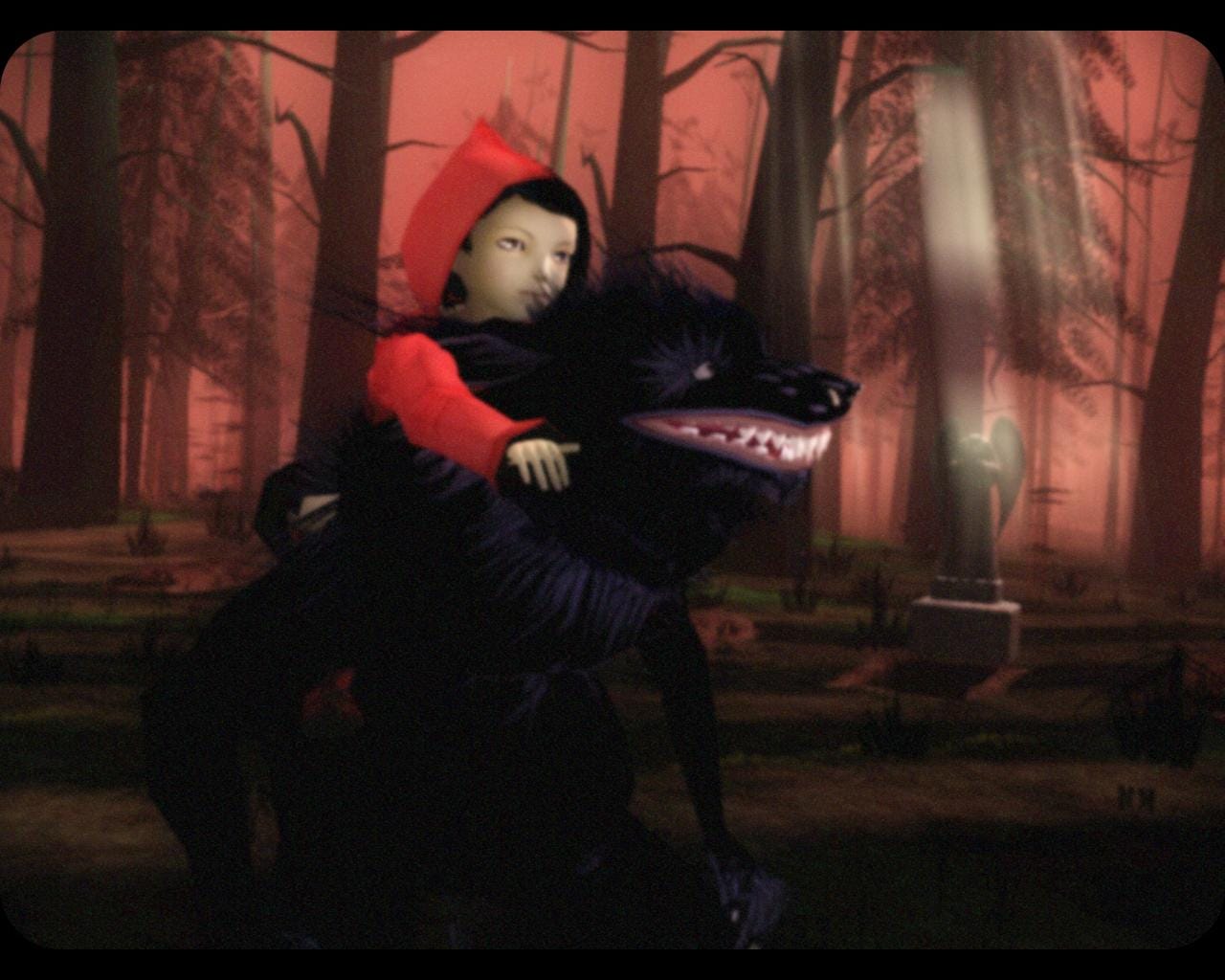 A screenshot of young Robin holding on to the back of a snarling, black wolf. In the distance we can see a gravestone with an angel, illuminated by a beam of light.
