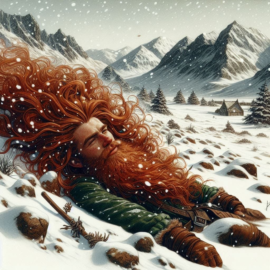 irish man with long wild red hair laying in a snowbank, mountains in the distance, light snow, dungeons and dragons fantasy drawing