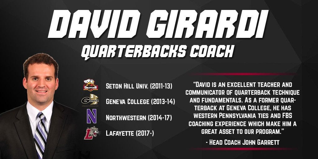 Lafayette Football on X: "David Girardi named quarterbacks coach on  @CoachJMGarrett's staff https://t.co/TaR2yplHdE https://t.co/VduXQfVdh0" / X