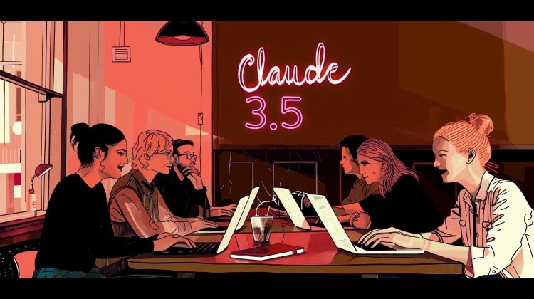 Graphic novel style AI illustration of white collar workers typing on laptops at a rectangular cafe table beneath a neon sign reading Claude 3.5 in red and white tones