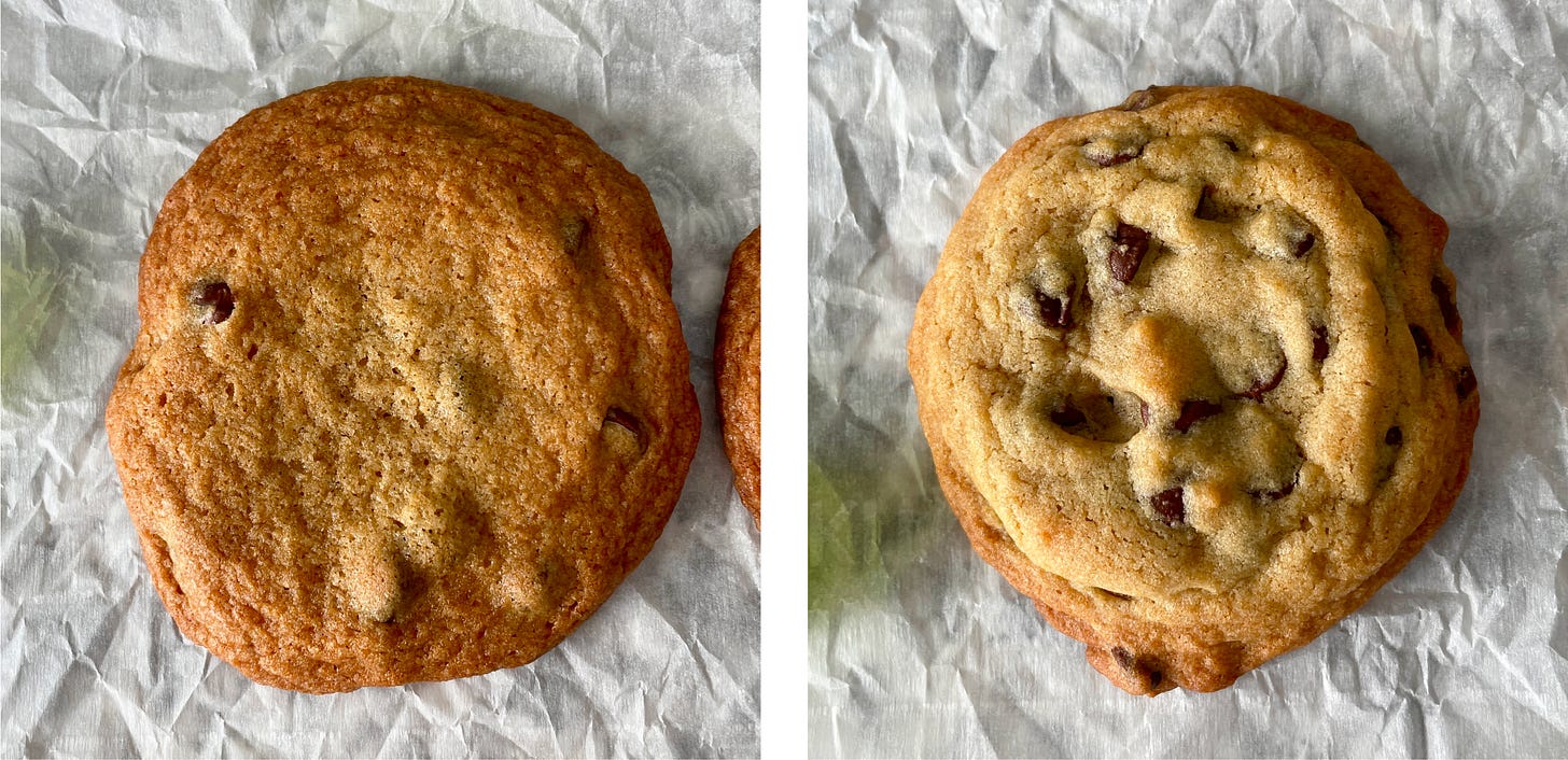 top view of chocolate chip cookie on left using melted butter vs top view chocolate chip cookie using softened butter on right