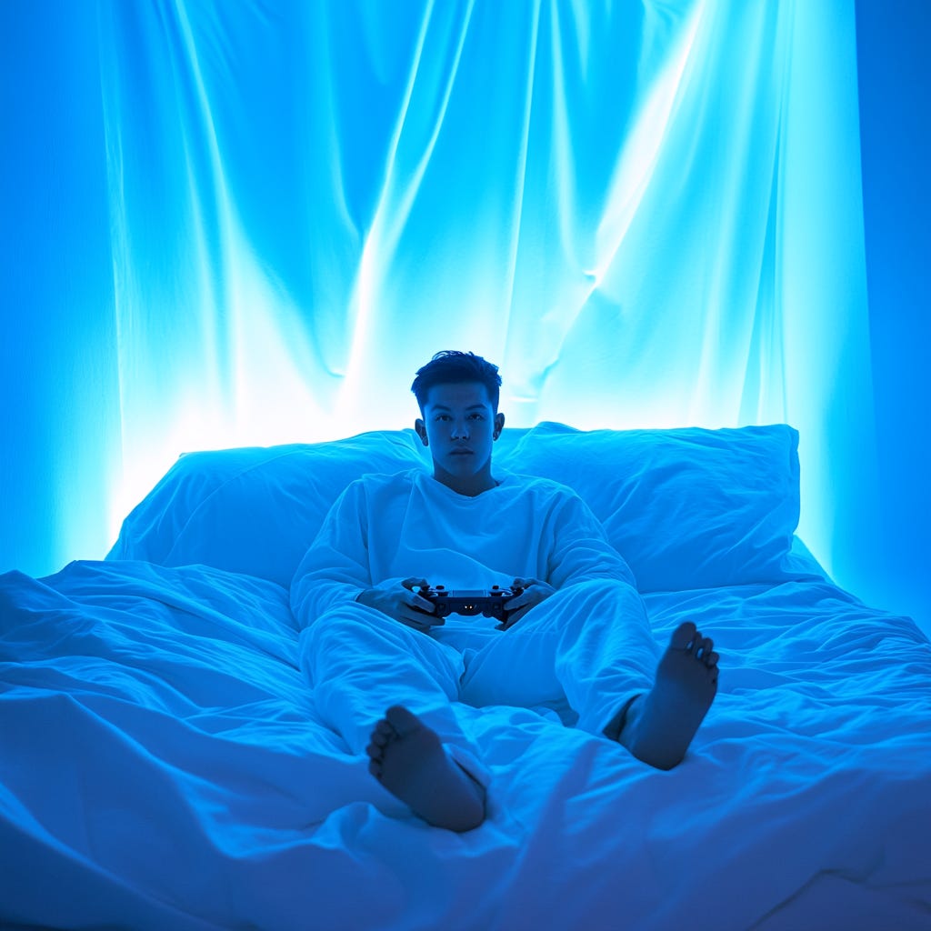 Man gaming on his bed with white linen and light blue fluorescent lighting pouring out of his TV screen.