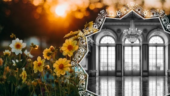 The sun sets upon a field of flowers; an ornate border overtakes the scene. Within it is a stark, ornate, black and white palace room.