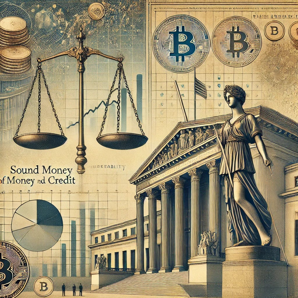 A detailed and elegant digital illustration that represents key themes from Ludwig von Mises's *The Theory of Money and Credit*. The artwork includes a classical image of gold coins and a balance scale symbolizing sound money and stability, set against a backdrop of central bank architecture with overlaid charts showing inflation and monetary expansion. In the foreground, a modern Bitcoin symbol is incorporated subtly, linking traditional concepts of money with digital currency. The color palette is muted gold and deep blue to evoke a timeless, academic feel. The style should be refined and scholarly, conveying the depth and importance of the subject matter.