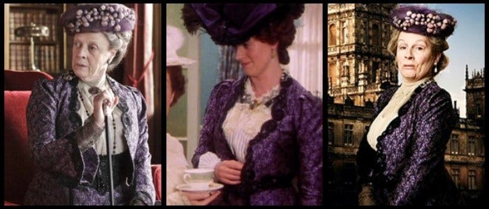 A jeśli już przy serialach kostiumowych jesteśmy, to w zestawieniu nie mogło oczywiście zabraknąć "Downton Abbey", które wręcz słynie z pożyczania kreacji z innych produkcji.  Po lewej kadr z najbardziej ulubioną postacią, po prawej kadr z jego parodii, a w środku jego pierwsze użycie - rok 1998 i serial "Berkeley Square".