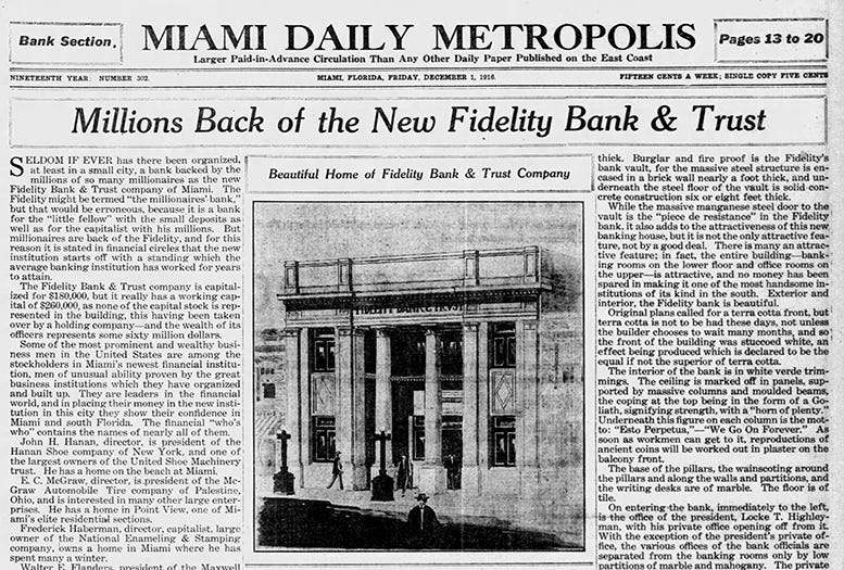 Front page of Miami Metropolis on December 1, 1916