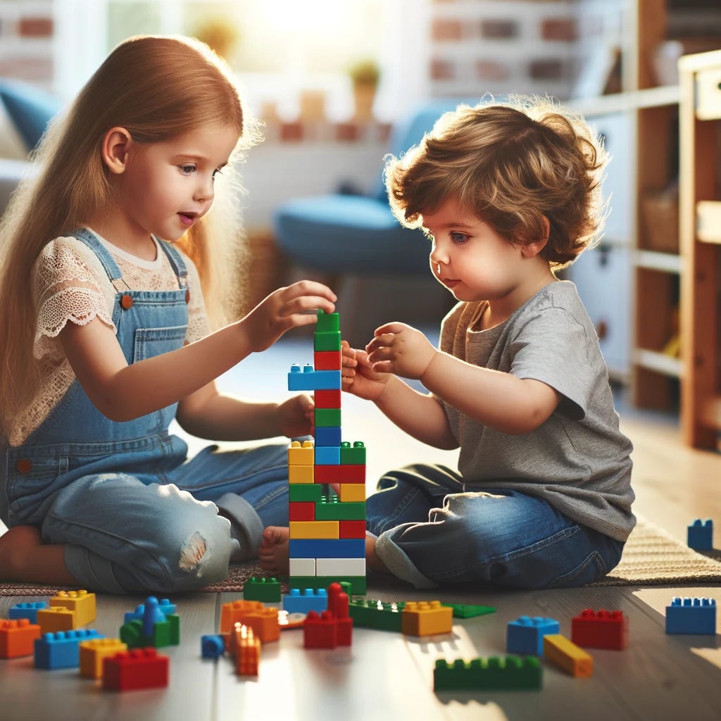 A lively and realistic scene of a 4-year-old girl playing with a 2-year-old boy, building with bricks. They are sitting on the floor of a brightly lit room, surrounded by colorful building blocks. The girl is showing her younger brother how to stack the bricks, constructing a tower together with focused attention and cooperation. Both children are deeply engaged in the activity, with expressions of concentration and joy on their faces. The room is filled with toys and child-friendly furniture, creating a safe and inviting space for play. This image captures the essence of sibling interaction and the joy of shared play, highlighting the creativity and learning that occurs through simple, hands-on activities.