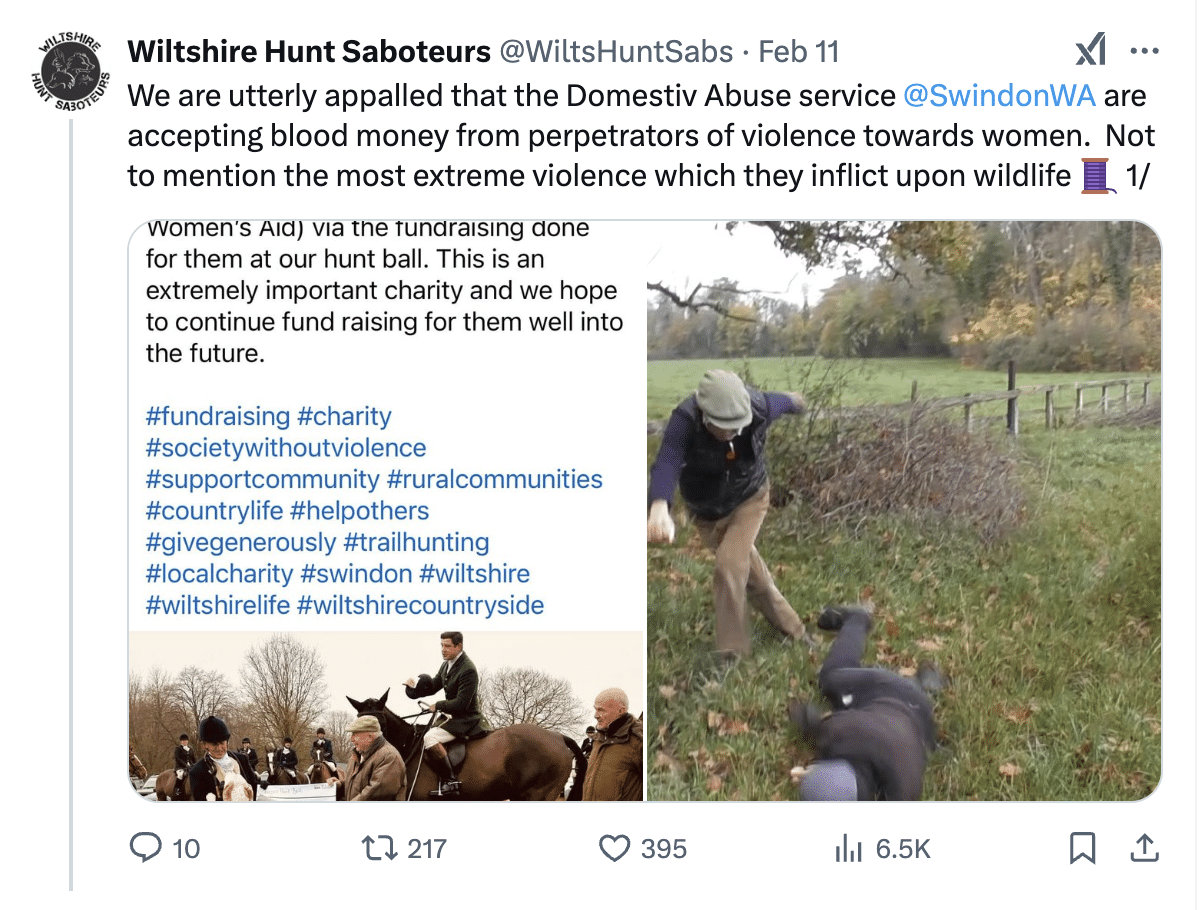 Facebook post from Wiltshire Hunt Saboteurs about the Beaufort Hunt's donation to Society Without Abuse