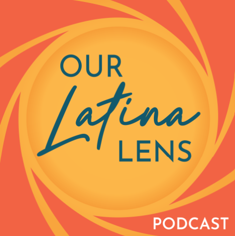 A bright and modern podcast cover with the title "Our Latina Lens Podcast". The background is a vivid orange with a circular design resembling a camera lens. The lens effect is created by swirling yellow and orange bands that form a dynamic, spiral pattern around the center.  The text in the center reads:  “Our Latina Lens”: The words "Our" and "Lens" are in an all-uppercase, clean teal font. The word "Latina" is in a teal cursive font, adding a sense of fluidity and personality to the design. “Podcast”: Placed in the bottom right corner in a smaller, white uppercase font.