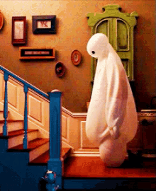 large bubbly ghost tries to go up stairs in a house but deflates into a sheet puddle