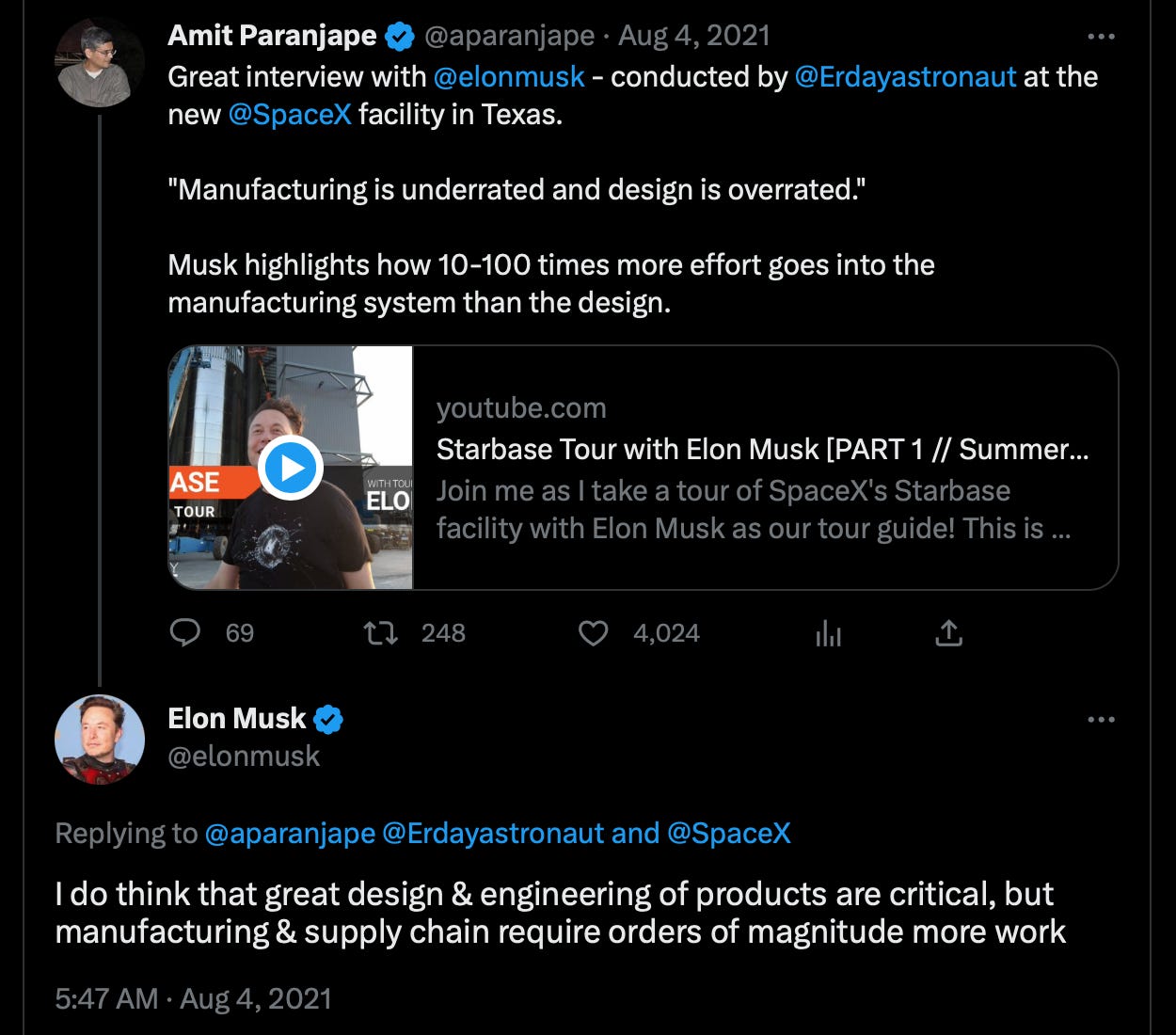Elon Musk saying on Twitter "I do think that great design & engineering of products are critical, but manufacturing & supply chain require orders of magnitude more work